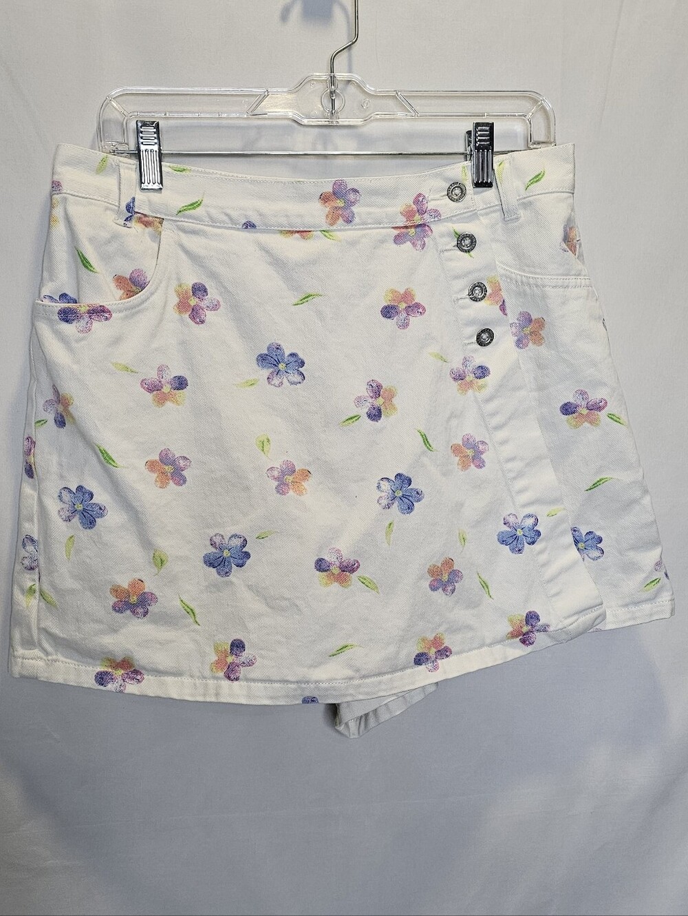 90s Skort White Denim With Pink And Purple Florals 100% Cotton